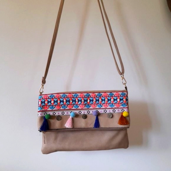 Nude Multicoloured Embellished Tassel Boho Festival Crossbody Shoulder Bag - Picture 2 of 6